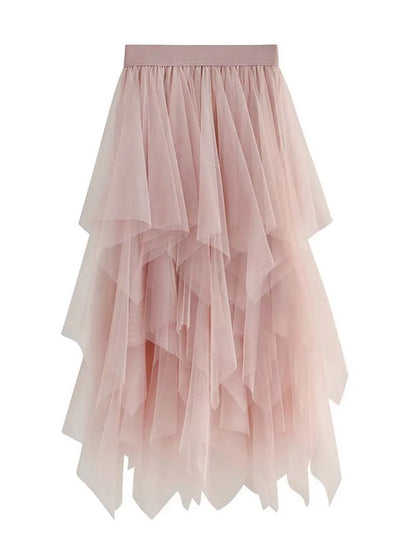 Women Sweet  Midi Spring And Summer High Waist Solid Asymmetrical Elegant Chic White Mesh Tulle Skirts Faldas