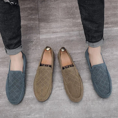 Summer Suede Men Casual Shoes Outdoor Breathable Lightweight Leather Mens Walking Shoes Anti Slip Lightweight Driving Shoes