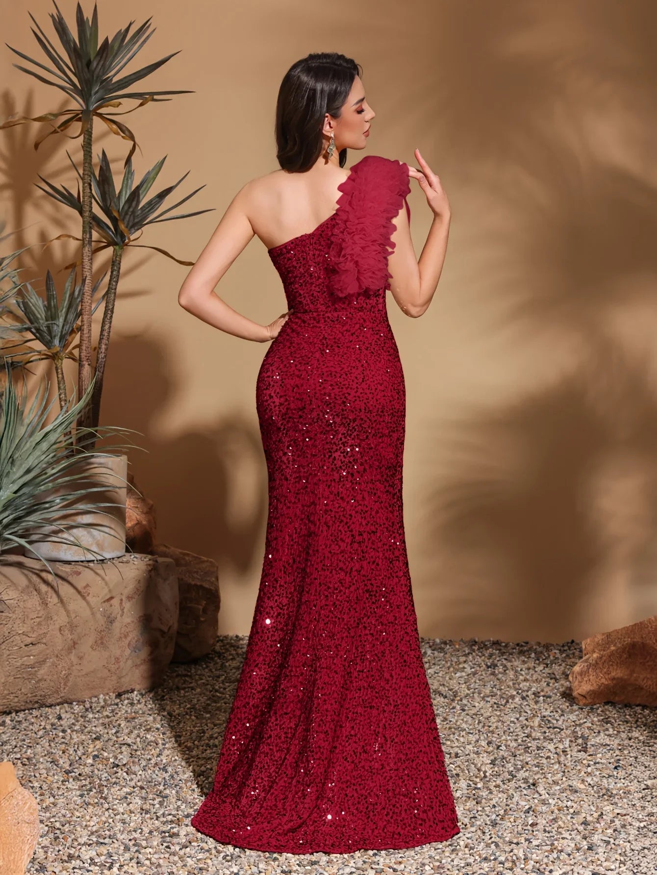 Sequined off-shoulder mesh splicing decorated slit dress