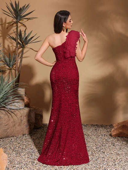 Sequined off-shoulder mesh splicing decorated slit dress