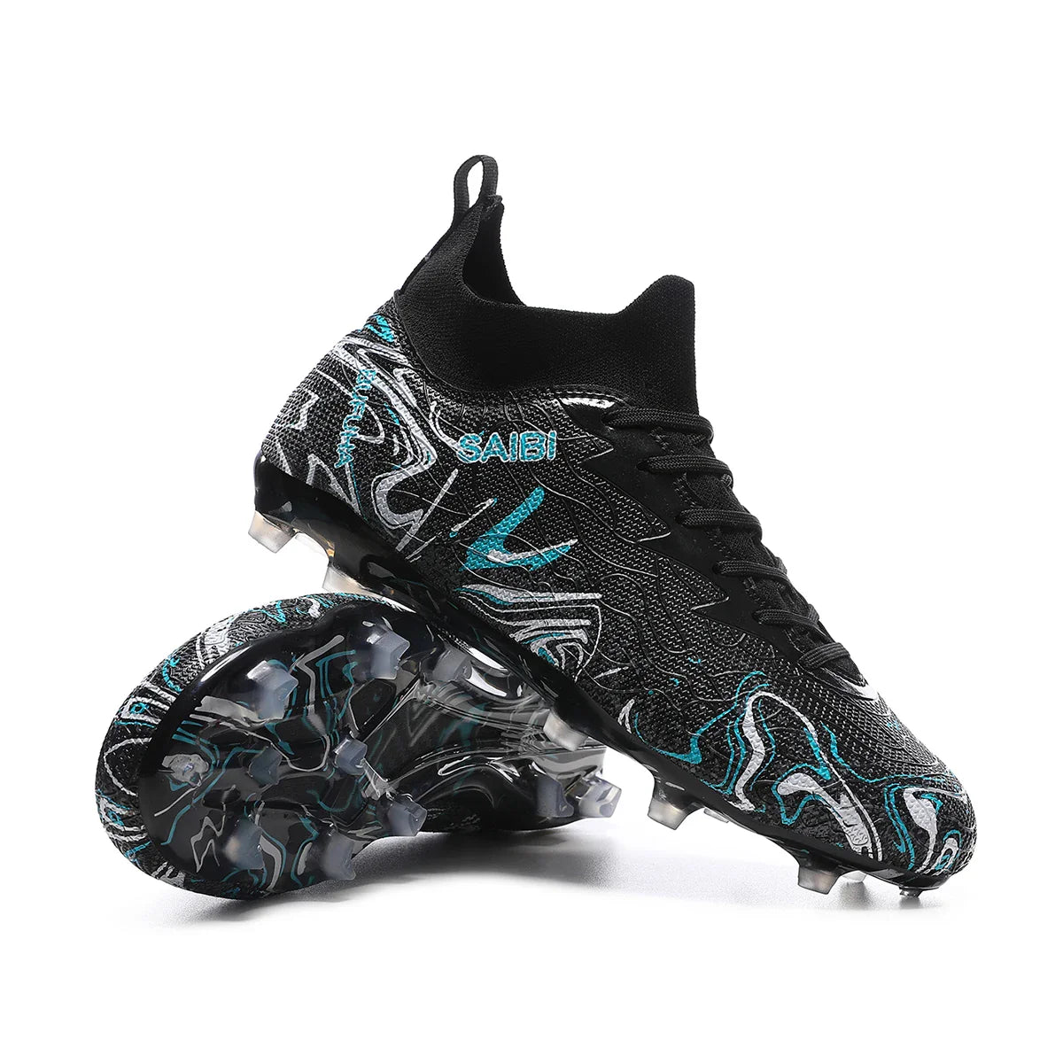 High-top football boots with long FG studs and TF studs,suitable for both men and women,featuring breathable and non-slip design