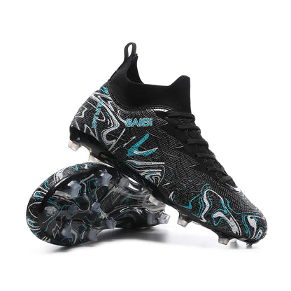 High-top football boots with long FG studs and TF studs,suitable for both men and women,featuring breathable and non-slip design