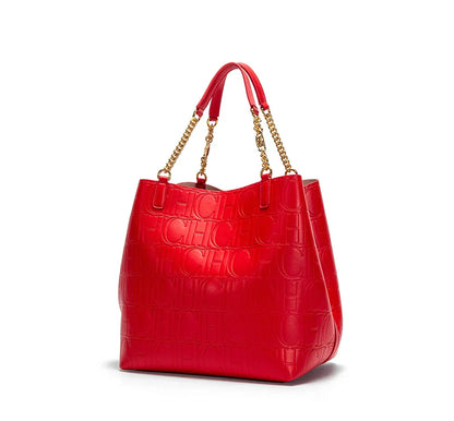 Embossed Logo Tote Bag Spacious Interior Chain Accent Top Handle Bag Casual Daily Outings Weekend Trips