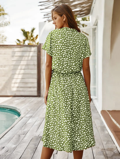 Vintage Floral Print Dress Women Boho Short Sleeve Long Dress Turn Down Collar Casual Waistband Shirt Dresses Robe 2021 Summer