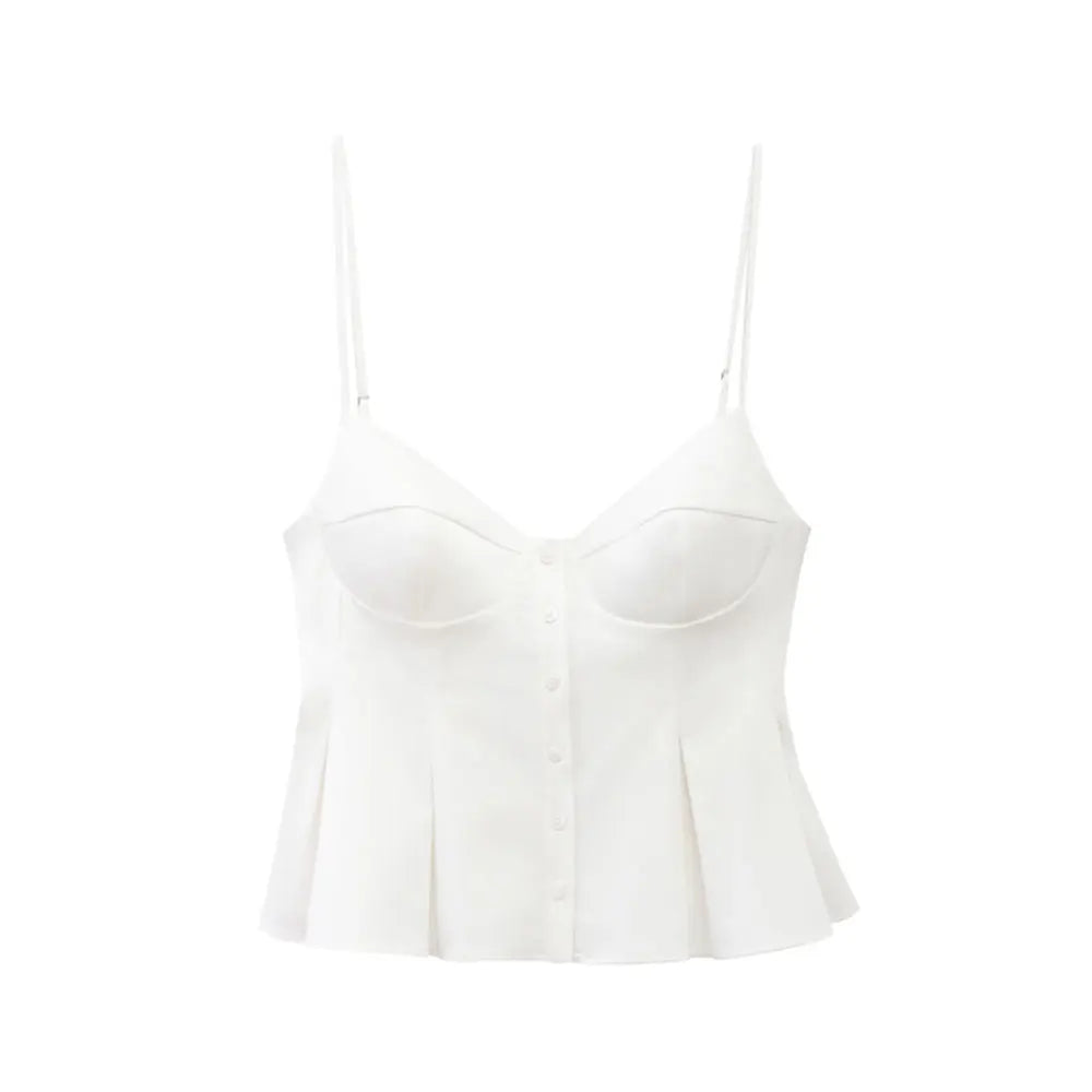 Women's Fashion Pleated Poplin Tank Top V-Neck Adjustable Spaghetti Straps Button-Up Camisole Female Sexy Fashion Clothing