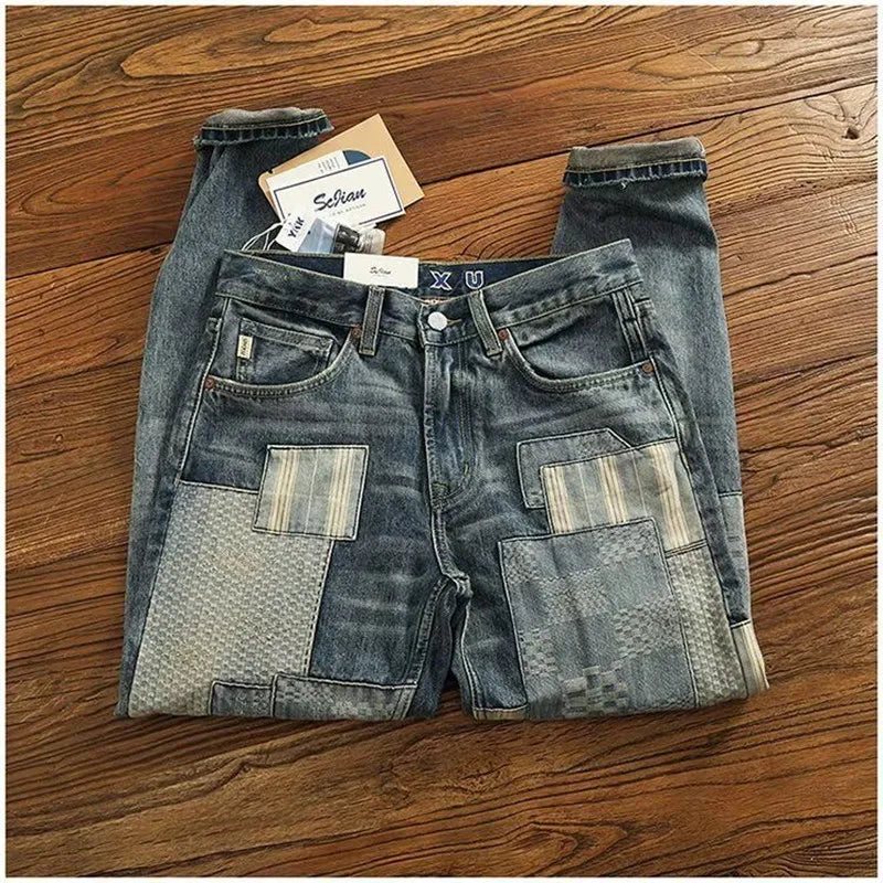 Autumn and Spring New Fashion Trend Printed Ripped Straight Leg Jeans Men's Casual Loose Vintage Sports High-grade Denim Pants