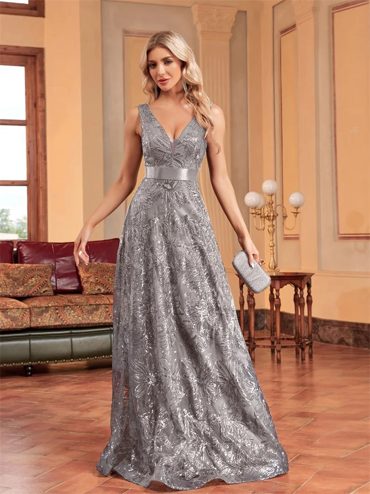 Luxury Sexy Deep V-Neck Sequins Blue Evening Dresses Women Elegant V-back Wedding Party Long Prom Cocktail Dress