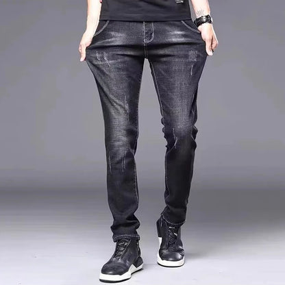 Calça Jeans Masculina Casual Elegante Clássica para Negócios Quatro Estações Preta Azul Calças de Cintura Média Leggings de Tecido Jeans Masculino