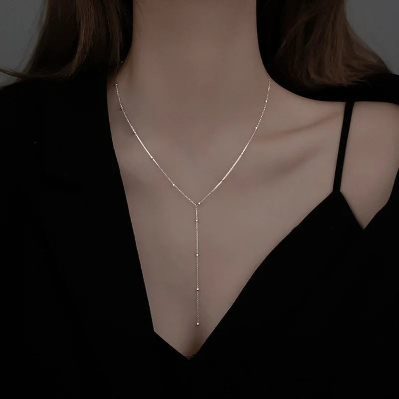 31.2in Fashion Colorful Glass Long Y-Shaped Necklace for Women Metal Collarbone Chain Summer Holiday Party Body Jewelry