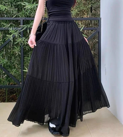 Women's High Waist Pleated Maxi Skirt, Casual A-Line Flowy Tiered Long Skirt, Elegant Beach Vacation Skirts for Ladies