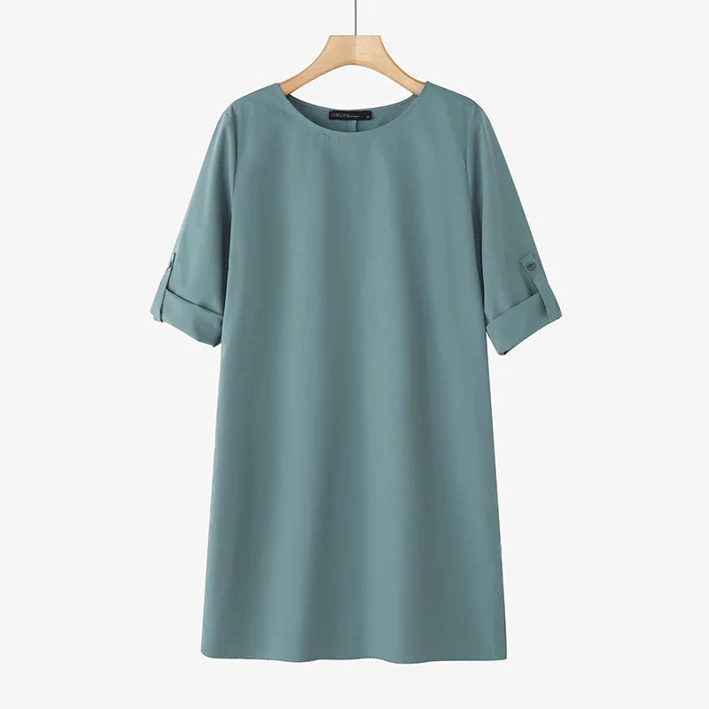 Elegant Women Party Dress 2026 Summer Fashion 3/4 Sleeve Casual Shirt Vestidos Pockets Loose Solid Knee-length Sundress
