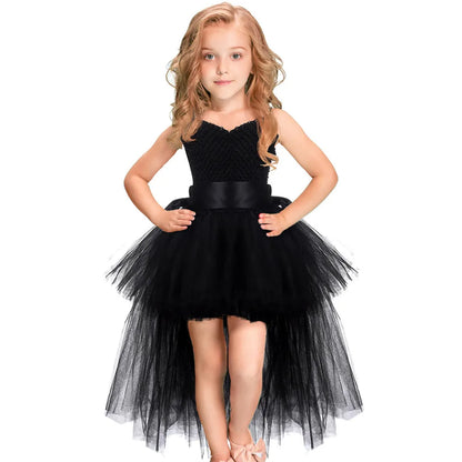 Vestido Tutu Rosa e Preto para Meninas, Vestido de Tule com Cauda e Decote V para Festa de Aniversário, Vestido de Baile para Meninas, Fantasias de Halloween Infantis