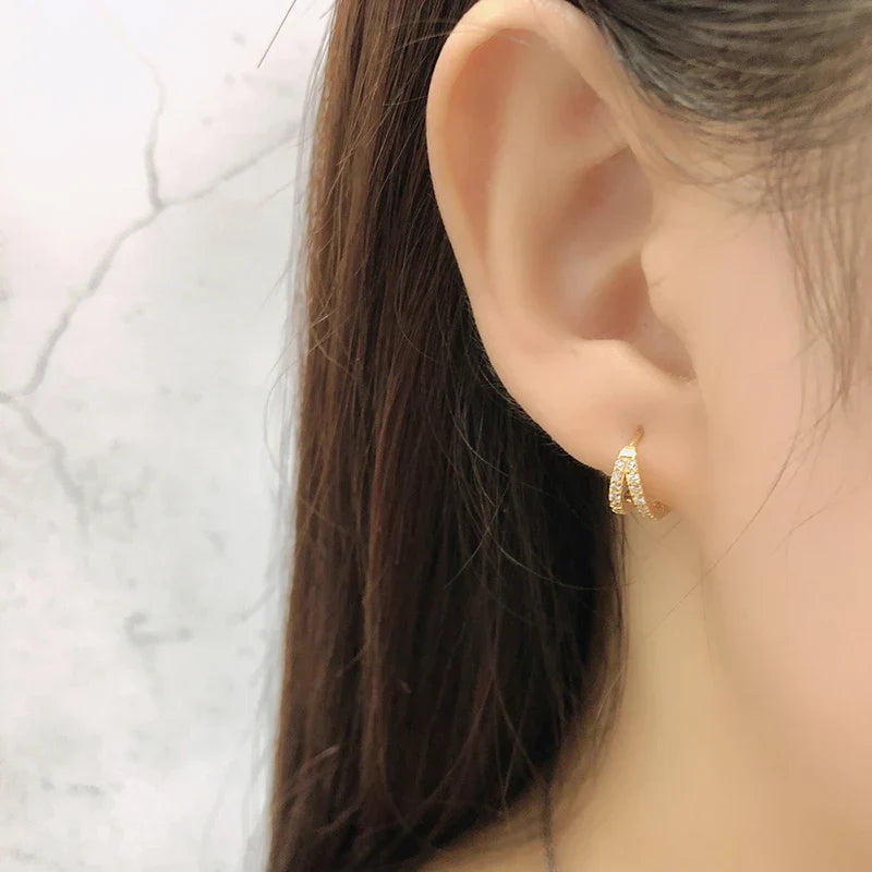 925 Sterling Silver Fashion Luxury Shiny Double Layer Zircon Huggies Hoop Earrings for Women Plated 18k Gold Fine Jewelry