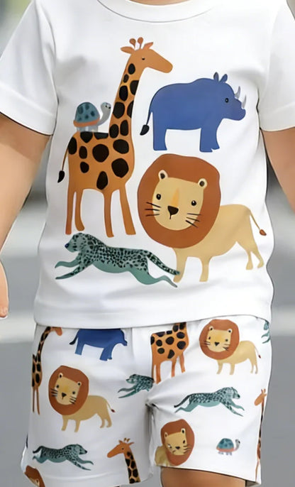Boys’ zoo print two-piece set: fresh tee + loose shorts, cover kids’ comfort and natural playfulness