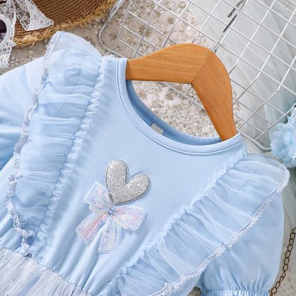 New Spring & Summer Toddler Girls' Blue Mesh Dress - Heart Bow & Star Sequins, Soft-Style Daily Princess Dress