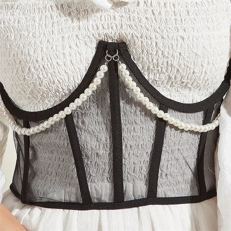 Pearl Chain Bustiers Tied Waspie Wide Belt Cinchers Underwire Lace-up Underbust Corset Bustier Corsets Tops Boned Corset