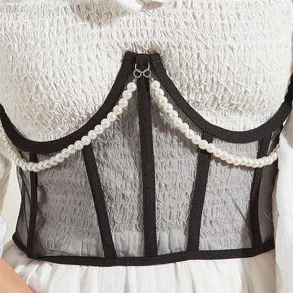 Pearl Chain Bustiers Tied Waspie Wide Belt Cinchers Underwire Lace-up Underbust Corset Bustier Corsets Tops Boned Corset