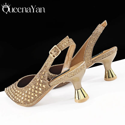 Italian Design Rhinestone Luxury Navy Blue Pointed Toe Shoe & Bag Set Women High Heels for Parties High Quality