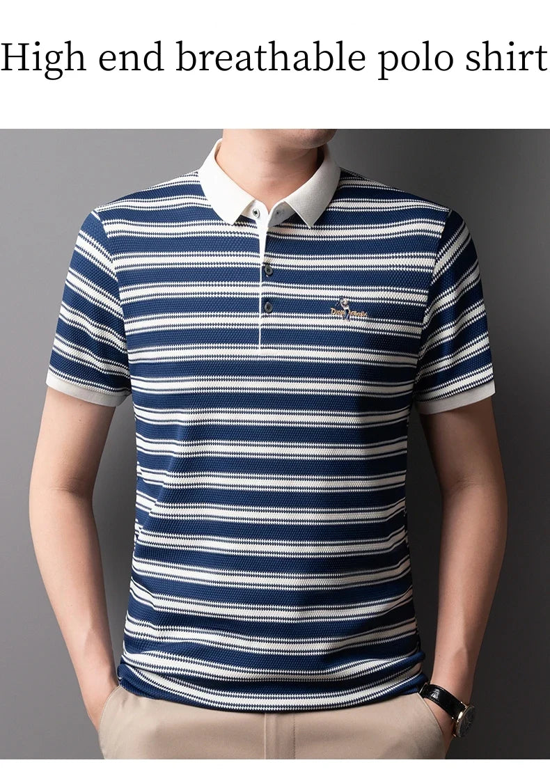 Classic striped men polo shirt summer cool breathable short sleeve fashion brand letter embroidery luxuriou casual lapel T-shirt