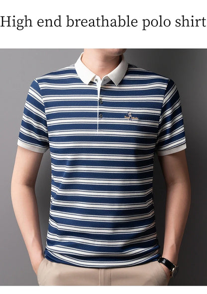 Classic striped men polo shirt summer cool breathable short sleeve fashion brand letter embroidery luxuriou casual lapel T-shirt