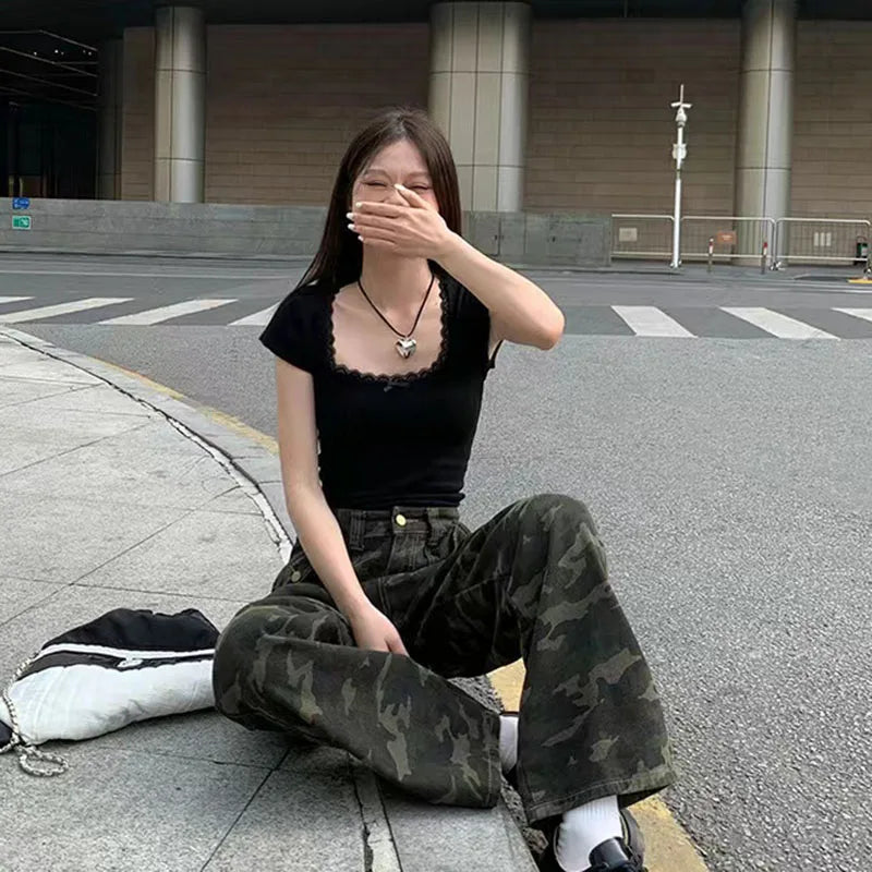 Y2k Lace Patchwork Crop T-shirt Women Vintage Streetwear Sexy Slim U Neck Tops Female Harajuku Korean Bow Chic Bottoming Tees