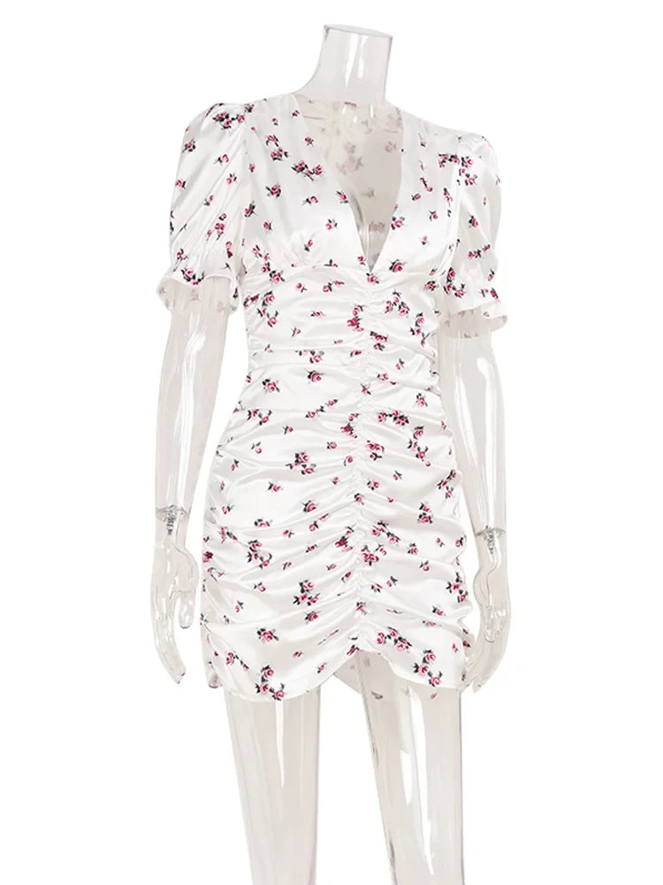 Puff Short Sleeve V Neck Prints Hip Wrap Women Dresses Sexy Club Sheath Fashion Female Bodycon Vestidos Robes Chic Slim