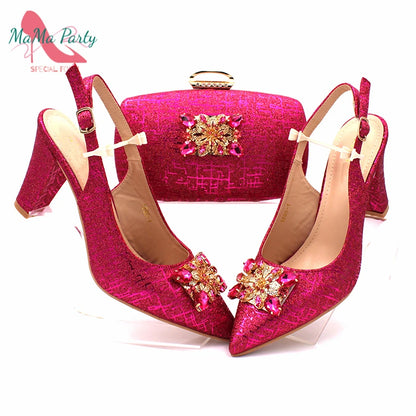 Classics Italian Design Shoes and Bag Set in Orange Color Comfortable Heels Pointed Toe Pumps for Wedding Party