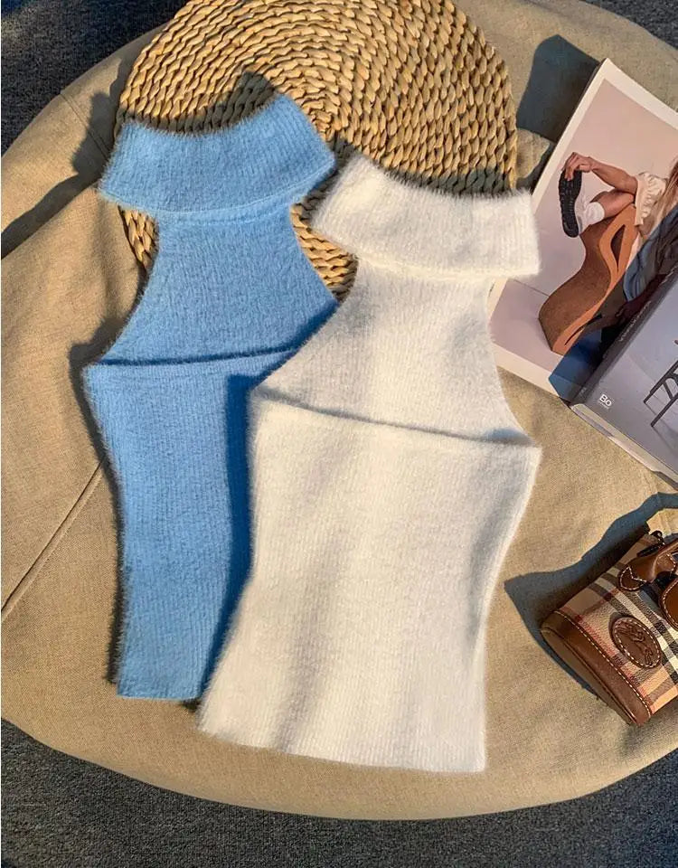 Spice Girl Hair Halter Neck Camisole Female Imitation Mink Inside Tank Top  Autumn and Winter Design Sense Knitted Bandeau Top