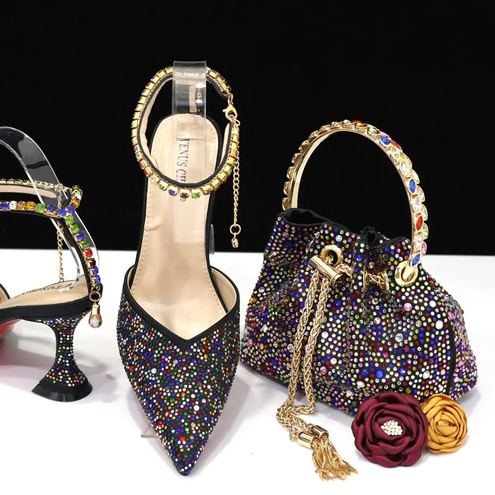 Pointed Shoes Bag Soft Handle Bag Anklet Design Medium Heel Ladies Shoes Suitable for Wedding Party