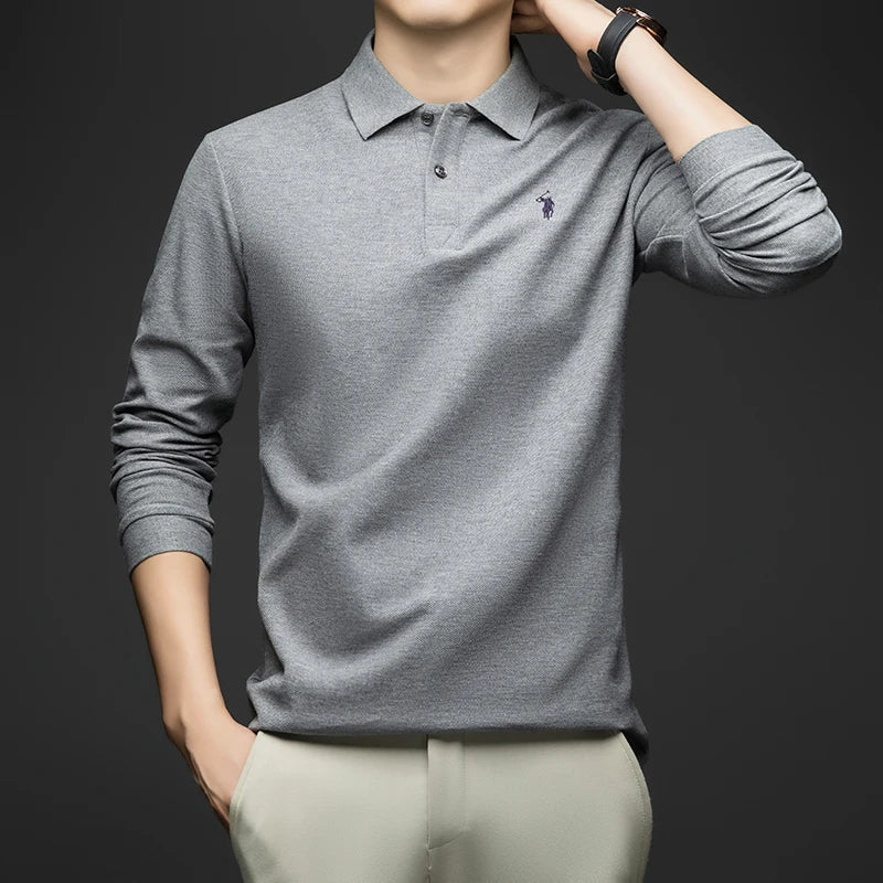 100% Pure Cotton Men's Long Sleeved Polo Shirt, Collar T-shirt, Spring and Autumn Top, No Ironing, Wrinkle Resistant Embroidery