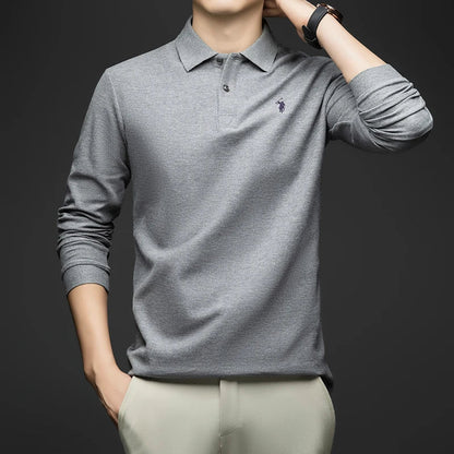 100% Pure Cotton Men's Long Sleeved Polo Shirt, Collar T-shirt, Spring and Autumn Top, No Ironing, Wrinkle Resistant Embroidery