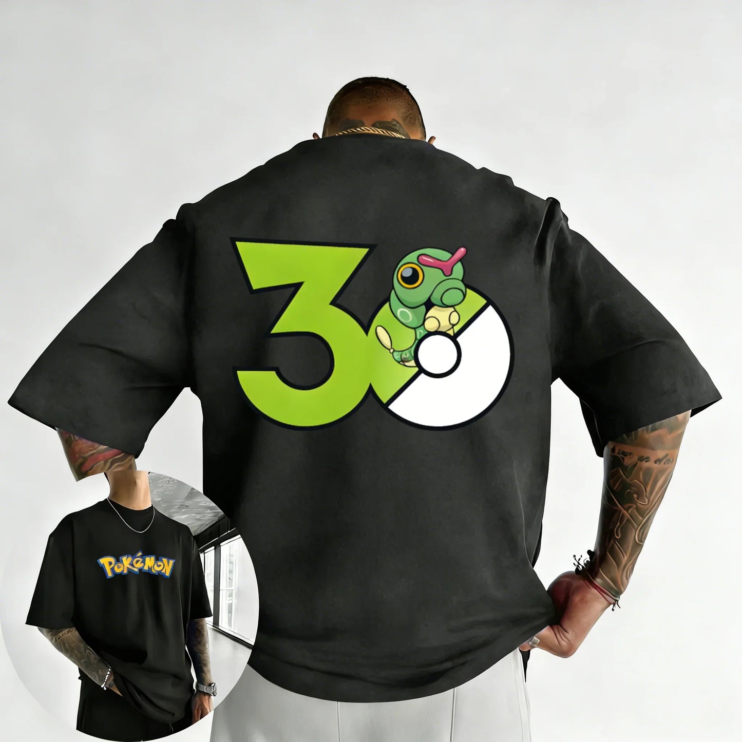 30th Anniversary Caterpie Printed T-shirt Summer New Men's and Women's Loose Casual Hip Hop Trendy Short Sleeve Top