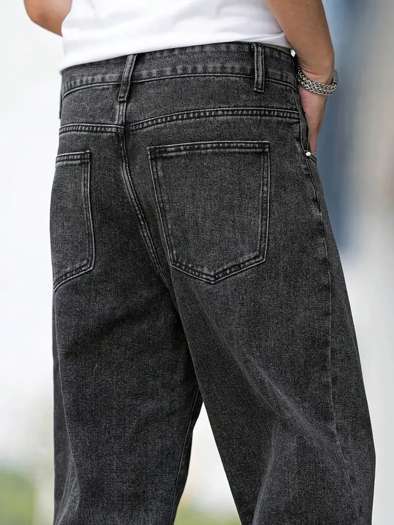 Men's Dark Grey Straight Leg Jeans - Minimalist Casual Denim Pants