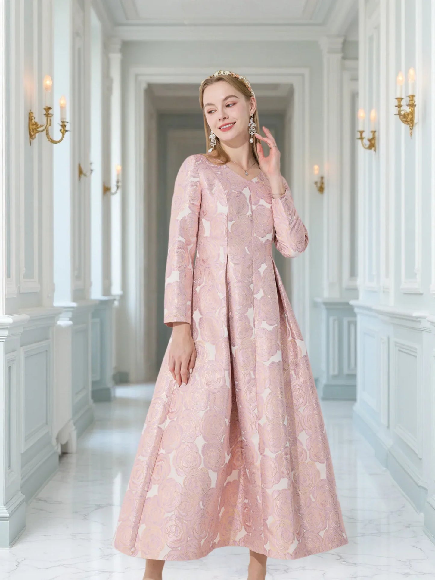 Elegant Women Long Maxi Jacquard Dress Party Fashion Floral Clothing  New Arrival Evening Vintage Ladies Ball Gown Vestido