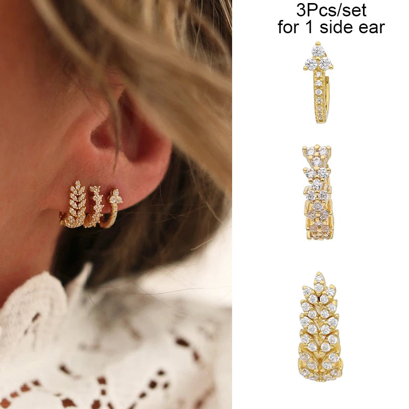 3PCs/set Earrings for 1 Ear Women gold color zirconia Classic Piercing Designer Earring set 2024 Women Jewelry Wholesale