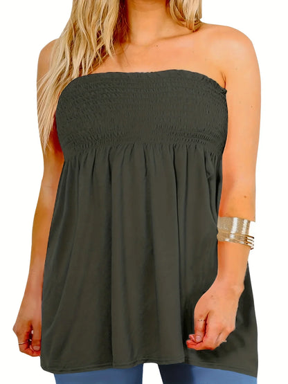 Plus Size Women's Sexy High Waist Pleated Tube Top,Summer Casual Solid Color Clothes