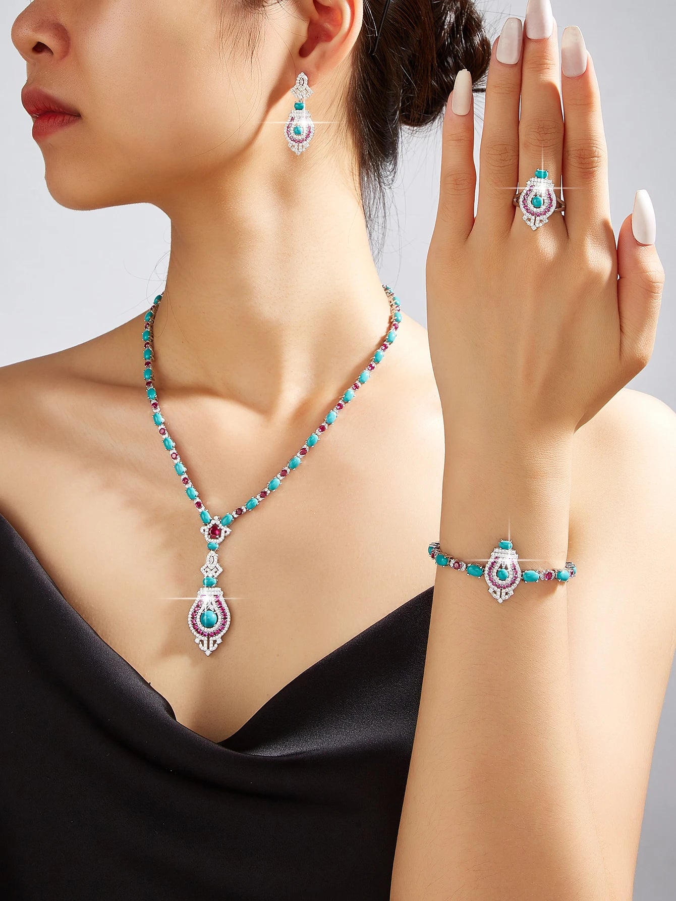 4 Pieces Luxury Blue Turquoise Cubic Zirconia Bridal Jewelry Set Nigeria Dubai Bridal Jewelry Accessories