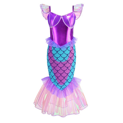 Blue Red Purple Three Colors Mermaid Flying Sleeve Fishtail Beautiful Dress For Girl Summer Beach Party Cool Swimsuit Set