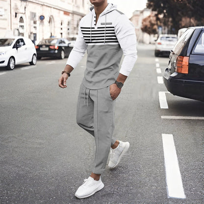 New Men's Waffle Casual Set Outdoor Four Seasons Versatile Trendy Stripe Color blocked Hoodie, Casual Pants Two Piece Set