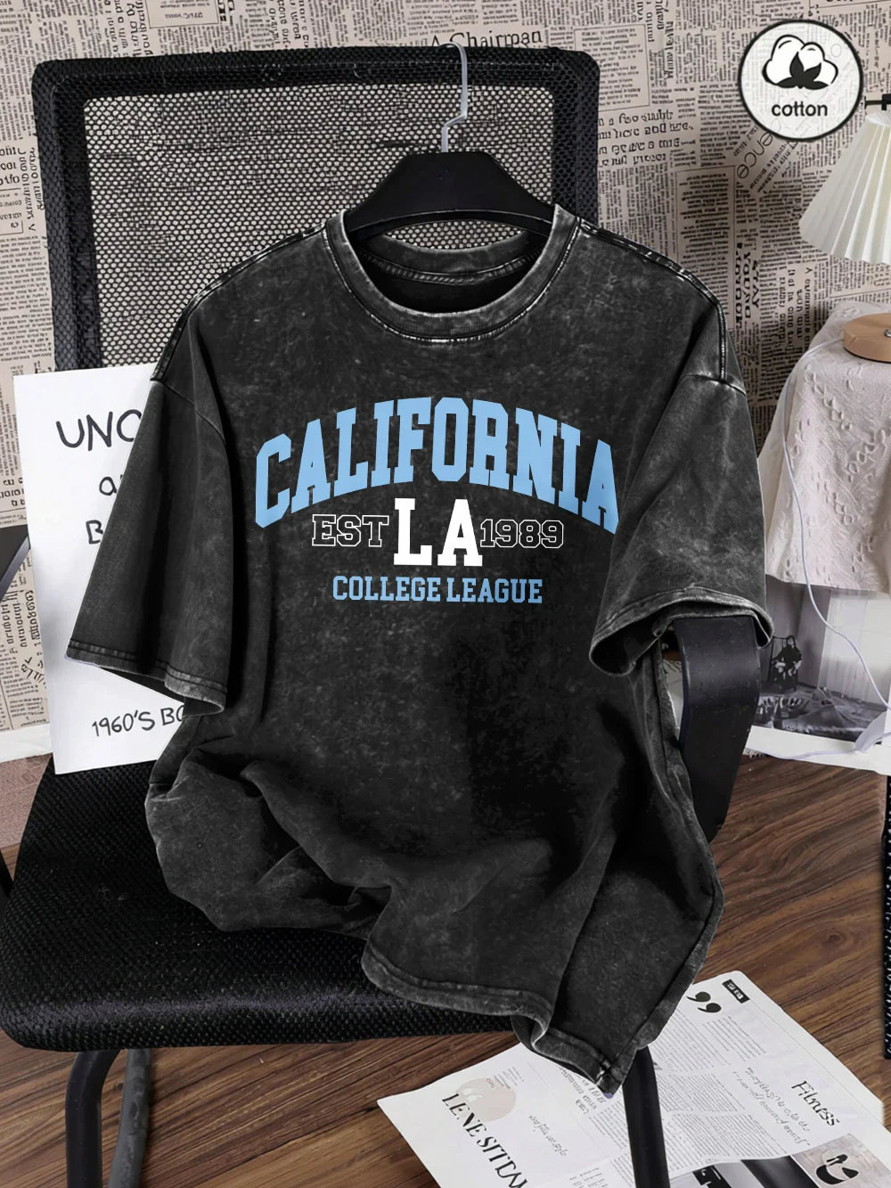 California College 1989 Printing Washed T-Shirts Mens Oversized Cotton T Shirts Summer O-Neck Short Sleeve Tops Casual Male Tees