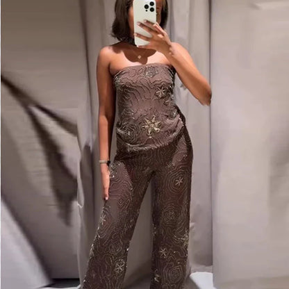 Corset Crop Tops For Woman Strapless Haler Top Women Summer Tulle Beaded Sequin Top Backless Semi Sheer Sexy Bandeau Top
