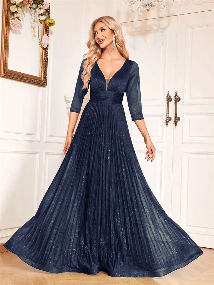 Luxury Long Sleeve Formal Evening Dress elegant V-Neck Floor-Length  Women 2025 Chiffon Prom Cocktail Graduation Gowns