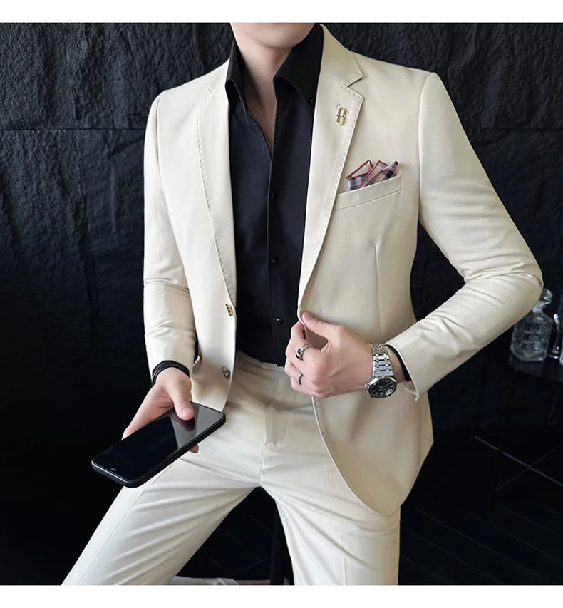 Men's Korean Style Slim Fit Suit Set, High Quality Fabric Solid Color Edge Pressing for Wedding Business