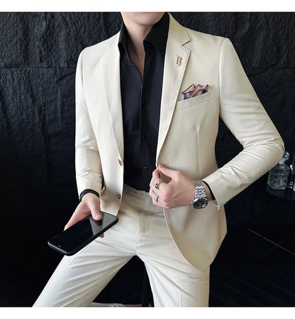 Men's Korean Style Slim Fit Suit Set, High Quality Fabric Solid Color Edge Pressing for Wedding Business