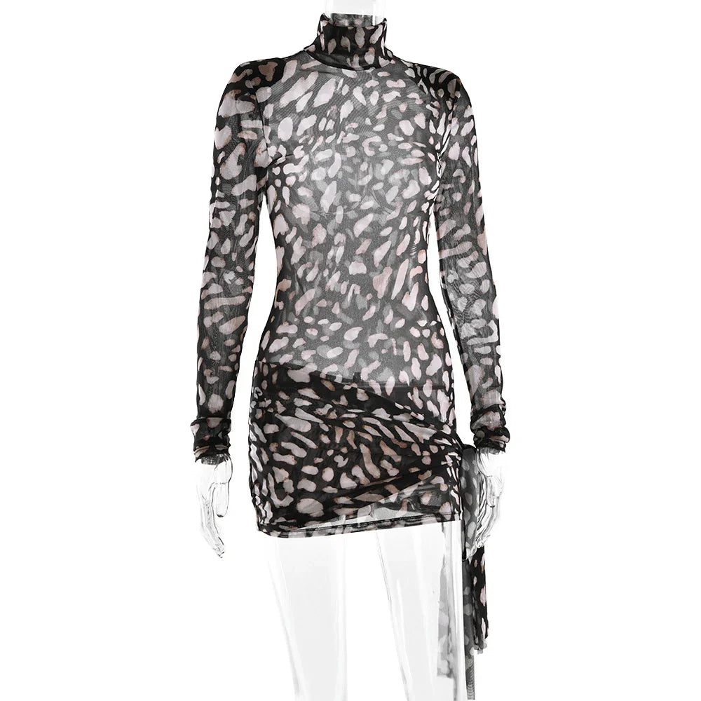 Sexy Sheer Print Leopard Bandage Women Dress Long Sleeve Mini Dress Lady Spring Slim Elegant Party Club Dress