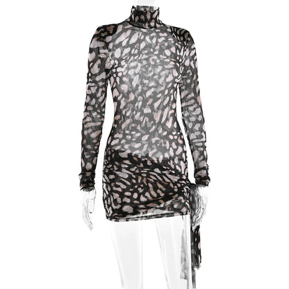 Sexy Sheer Print Leopard Bandage Women Dress Long Sleeve Mini Dress Lady Spring Slim Elegant Party Club Dress