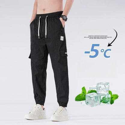 Spring Summer Thin Men's Cargo Pants Loose Tapered Elastic Cuff Jogger Trousers Quick Dry Casual Outdoor Haren Pants Male 5XL