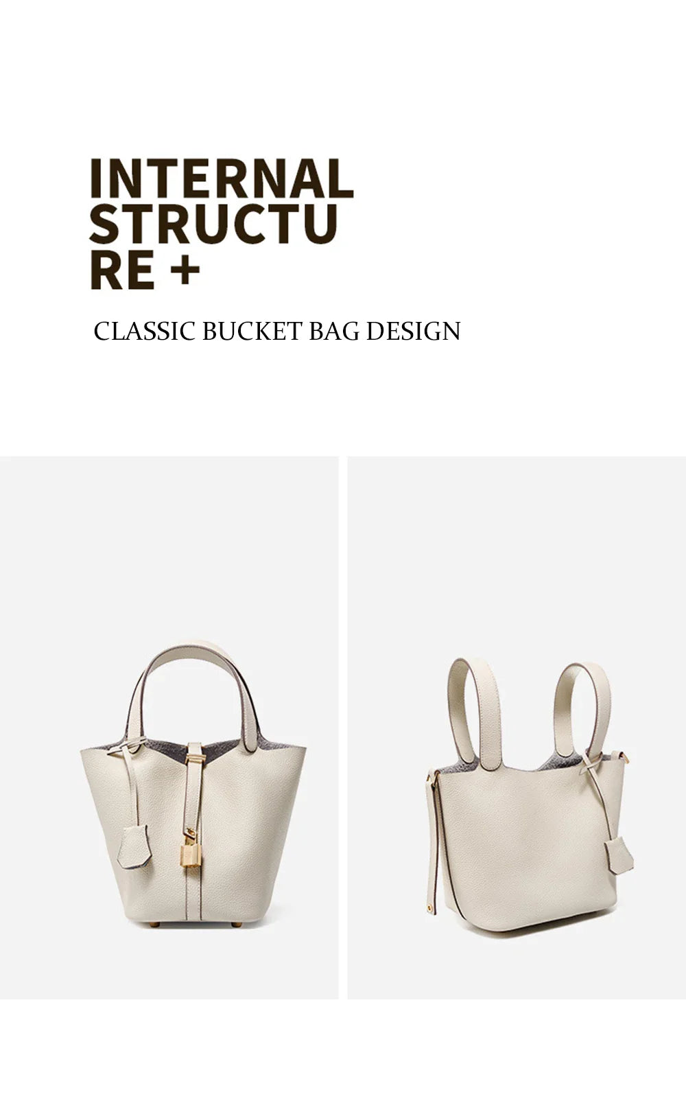 2025 Casual Fashion Female Genuine Leather Bucket Bag Luxury Handbag High-End Tote Bag Woman Cow Leather Mommy Bag & Metal Lock