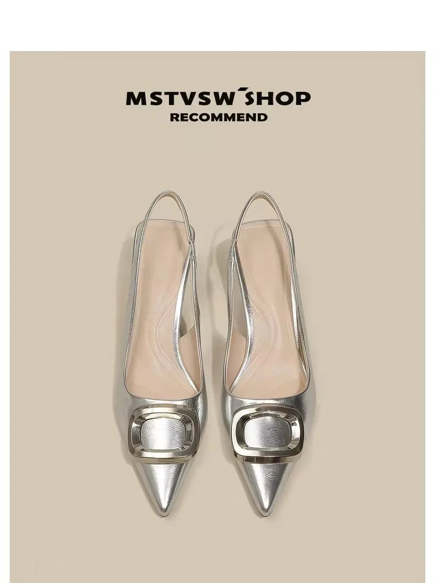 Brand Woman Slingback Shoes Fashion 2024 Spring New Ladies High Heels Elegant Med Heel Pointed Toe Slip on Sandal Mules