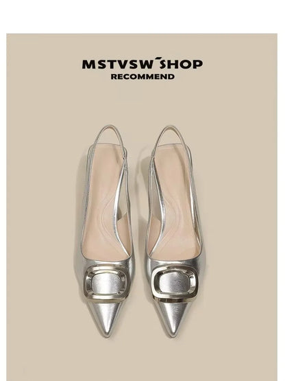 Brand Woman Slingback Shoes Fashion 2024 Spring New Ladies High Heels Elegant Med Heel Pointed Toe Slip on Sandal Mules